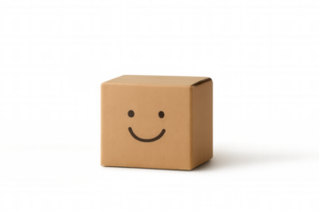 Cardboard delivery box displaying a cheerful smiley face, representing happy shipping, excellent service, and client satisfaction