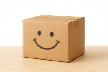 Cardboard delivery box displaying a smiling face, symbolizing positive customer experience, online shopping, and happiness on a transparent background