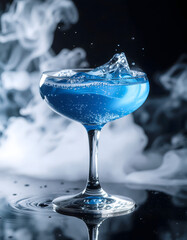 Blue cocktail with ice splashing in a glass