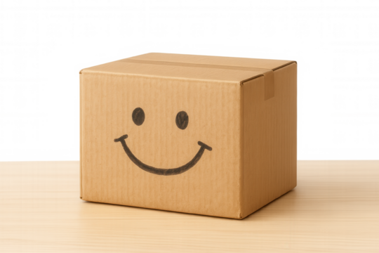 Cardboard delivery box displaying a smiling face, symbolizing positive customer experience, online shopping, and happiness on a transparent background