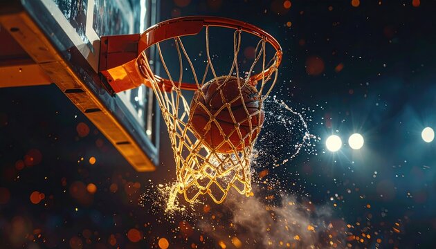 Basketball Swishing Through Hoop With Sparkles and Motion Blur During Dramatic Night Game Lighting With Intense Spotlight Glow