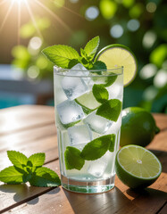 For the sentence to name your image without a colon, you can use:
Mojito cocktail with mint and lime in a glass with ice