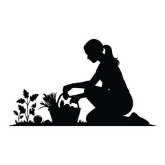 Silhouette illustration of a person gardening watering plants in a basket scalable vector graphic eps file silhouette vector illustration white background