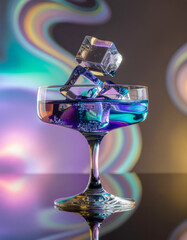 Glass of champagne and water on a bar with reflections and ice for celebration party