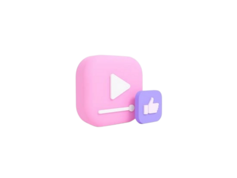 3d pink play button icon next to a purple like button icon