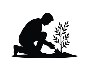 Obraz premium Silhouette vector illustration of a person planting a small tree in a garden environment silhouette vector illustration white background