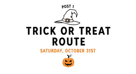 A festive Halloween-themed graphic featuring a witch's hat, pumpkin, and text indicating a trick-or-treat route for October 31st, perfect for community events and seasonal promotions.