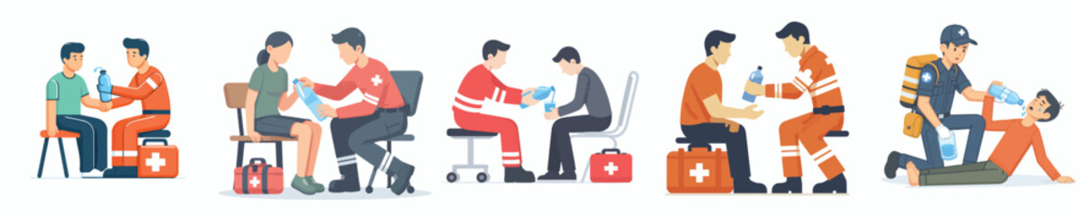 Obraz premium vector of safety officers giving drinks to disaster victims
