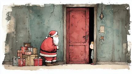 Little boy sees Santa through doorway