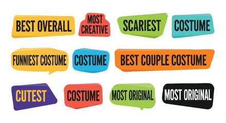 A collection of colorful, stylized speech bubbles featuring Halloween costume award titles like "Best Overall," "Scariest," and "Most Original," perfect for holiday promotions and event announcements.