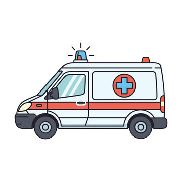 Flat design ambulance vehicle with red stripe and medical cross symbol