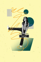 Template sketch image composite collage of young woman smile dance hand hold boombox music...