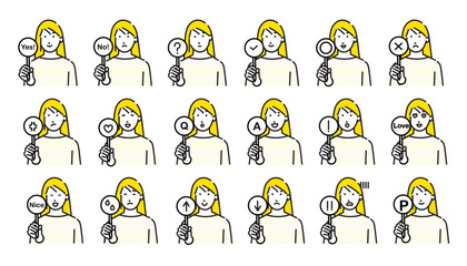 回答札を持つ女性のアイコンセットーシンプル線画のイラスト素材