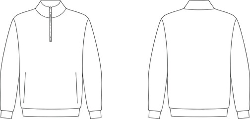 Technical flat sketch of long sleeve pullover with half zip, ribbed cuffs, high collar, fashion design, garment template, apparel illustration