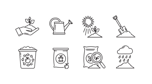 Hand drawn garden icons plant sprout watering can sun soil seed bag rain cloud elements vector