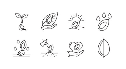 Organic seed growth icon set showing germination planting care and natural elements for sustainable agriculture vector