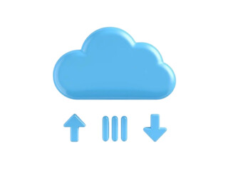 Blue cloud icon with upload download arrows and data transfer symbol