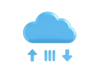 Blue cloud icon with upload download arrows and data transfer symbol