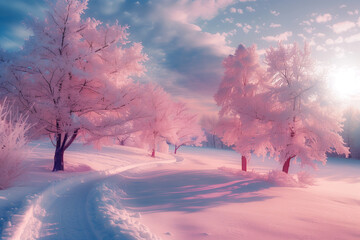 An enchanting pink winter road, gently covered with snow, creating a soft and magical atmosphere.