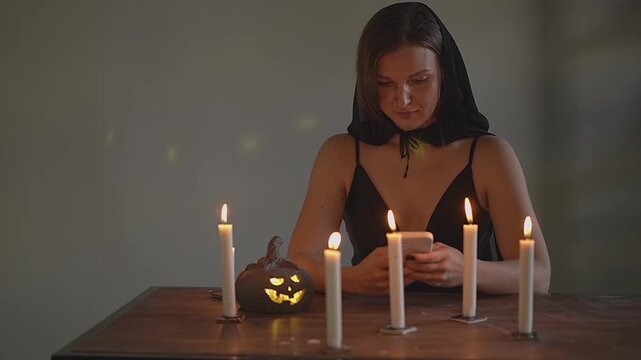 Woman and smartphone. Halloween pumpkin. Slow motion.High quality 4k footage