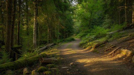 Obraz premium Serene Forest Path with Lush Green Trees and Natural Sunlight, Clean Atmosphere, Minimal Landscape Photography