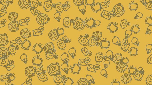 Animated Yellow Background with Repeating Outlined Icons of Communication and Technology.