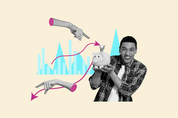 Creative full art collage of happy businesswoman businessman stand hands arrow statistics progress aim achievement success