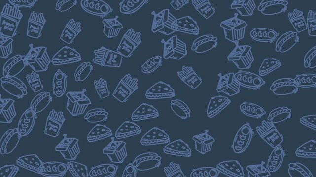 Seamless Fast Food Pattern Animation Burgers Fries Hotdogs on Dark Blue Background.