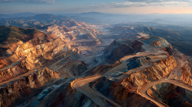 a wide-angle aerial photograph of an expansive rare earth mineral mine, showcasing the vast scale and complexity of the mining operation