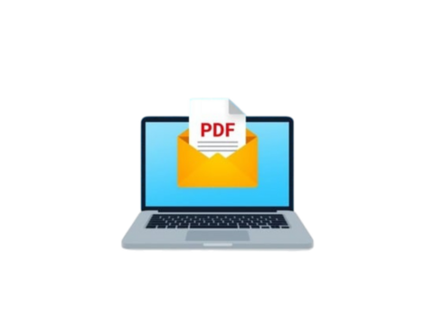 Laptop displaying a pdf document emerging from an email envelope