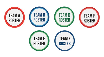 A collection of colorful circular icons displaying team rosters, perfect for sports or organizational branding, are isolated on a clean white background for easy integration.