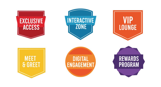 A collection of colorful, digitally designed badges feature phrases like 'Exclusive Access' and 'Rewards Program', ideal for marketing promotions, branding, and event announcements on a bright white