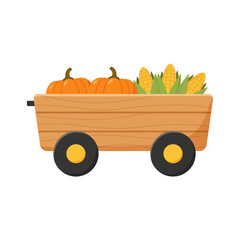 A charming wooden cart filled with vibrant orange pumpkins and fresh yellow corn cobs, depicting a bountiful autumn harvest scene.