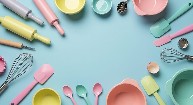 Colorful baking tools arranged on a light blue background overhead view