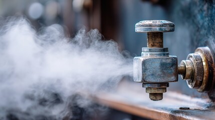 boiler. Industrial boiler safety valve releasing high-pressure steam, white vapor column. safety posters, maintenance manuals, designed for industrial assembly lines and welding operations.