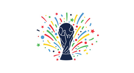 A vibrant illustration of the World Cup trophy is surrounded by colorful confetti and celebratory bursts, symbolizing victory and global sports competition on a clean white background.