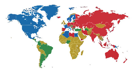Obraz premium A colorful world map depicts diverse regions with different colors, representing geographical data, global connections, and international relations across the continents and oceans.