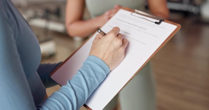 Writing, hands and clipboard for pilates sign up with membership, personal details or registration. Women, client and instructor with paperwork in studio for application, fitness contract and policy