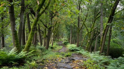 Obraz premium Realistic Forest Trail Surrounded by Tall Green Trees with Sunlight Filtering Through Leaves, Professional Landscape Photography
