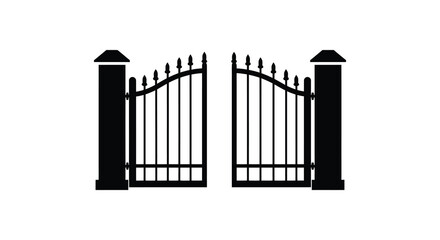 Elegant wrought iron double gate with decorative finials and pillars in a stark black silhouette