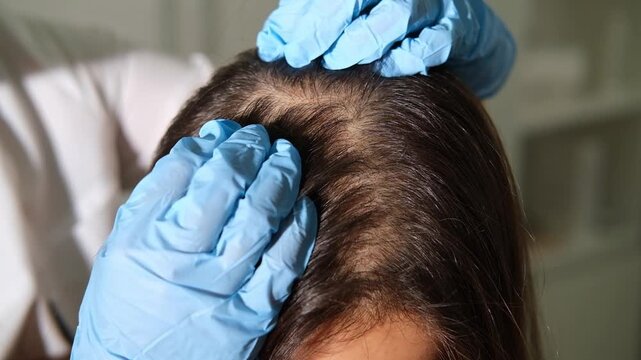 Examination of the scalp and hair by an asian trichologist doctor