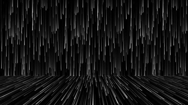 Abstract digital rain of white lines on a black background with perspective