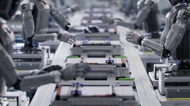 3D Animation: Production Line at a Factory where Autonomous AI Powered Humanoid Robots Working, they Assemble by Hands Detail with Precision and Dexterity. Robot Working in Industrial Environment