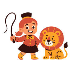 Little Lion Tamer Girl with Whip and Lion