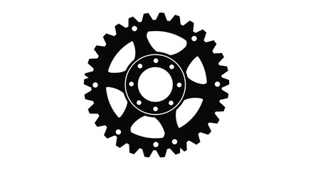 Detailed black silhouette of a single mechanical gear with many teeth and an oval center opening on a white background