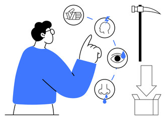 Man gestures toward interconnected icons of approval, brain function, sensory signals, and outcomes. Ideal for problem-solving, brainstorming, health, workflow, progress decision-making simple flat