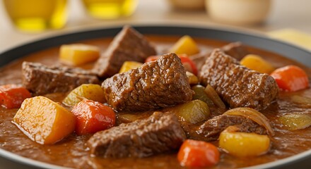 Delicious beef stew with vegetables served in a dark plate