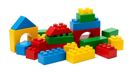 Colorful building blocks arrangement on white background childhood concept