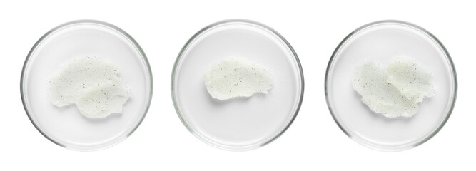Petri dishes with cosmetic product on white background, top view