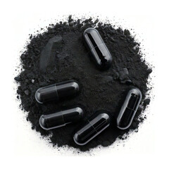 Activated coal detox capsules - scattered over charcoal powder